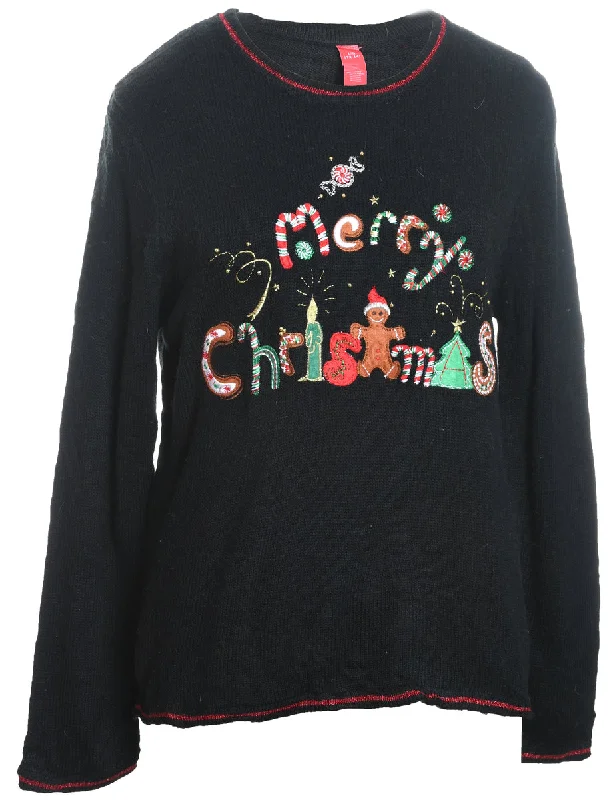 Black Embroidered Merry Christmas Design Knit Jumper - L Machine Wash Dry Clean Hand Wash