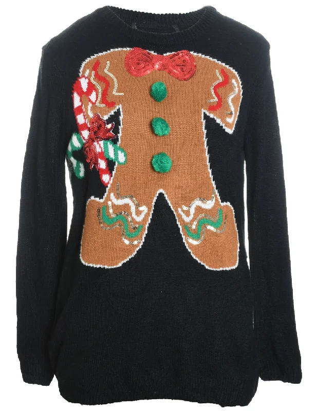 Black Gingerbread Design Christmas Jumper - M Oversized Loose Flowy