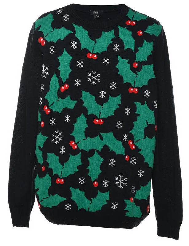 Black Holly Design Christmas Jumper - L Bright Pastel Dark