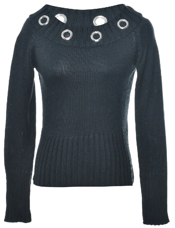 Black Jumper - L Notch Collar Peter Pan Collar Cowl Neck