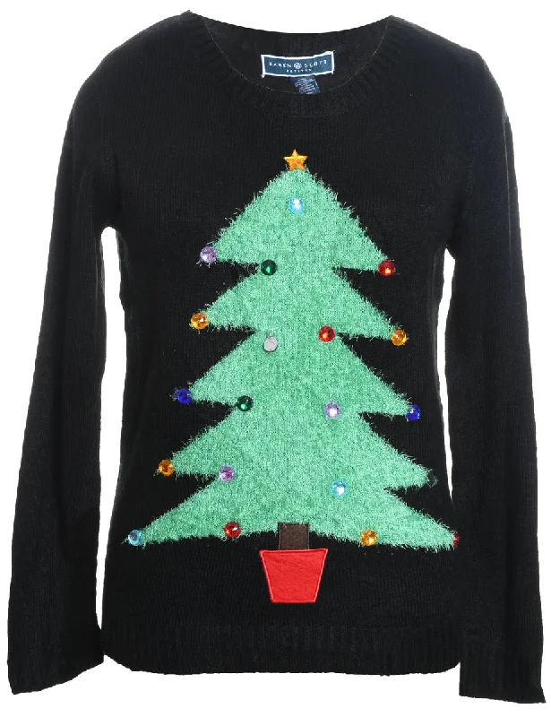 Black Knit Christmas Jumper - L Beaded Sweater Sequined Faux Fur