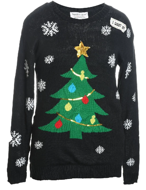 Black Knit Sequined Christmas Jumper - M Fleece Sweater Nylon Polyester