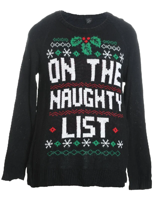 Black 'On The Naughty List' Christmas Jumper - L Zippered Front Buttoned Front Snap Front