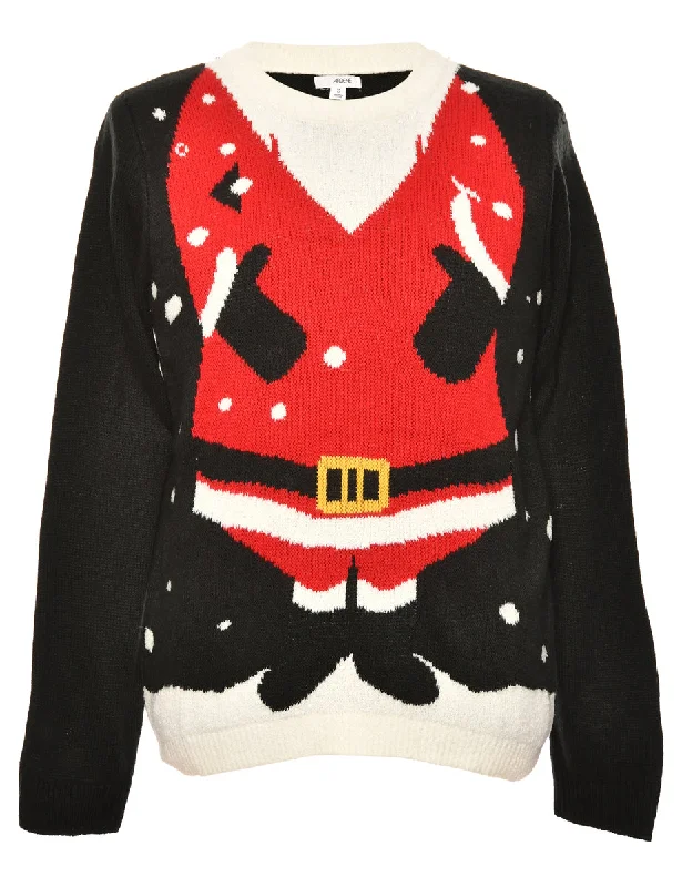 Black & Red Santa Claus Design Jumper - M Solid Print Embellished