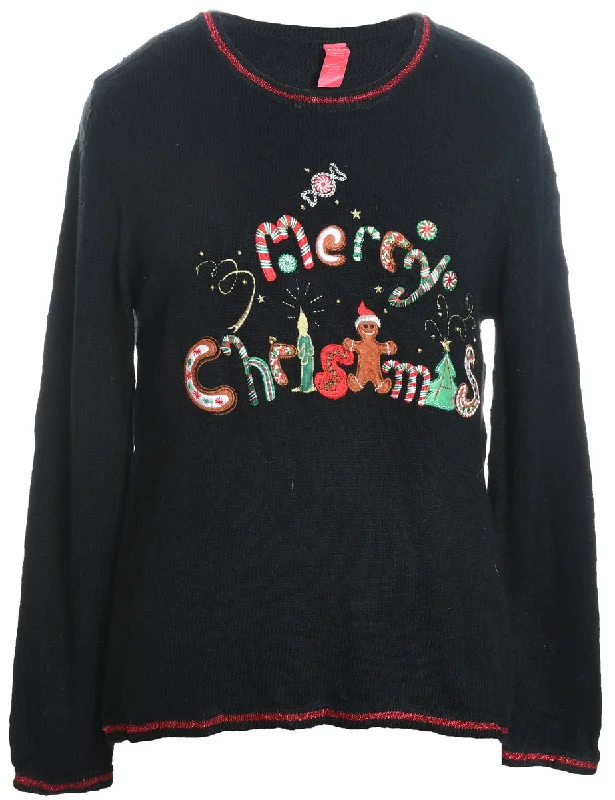 Black Sequined & Embroidered Christmas Jumper - L Chenille Fabric Brocade Fabric Lace Fabric