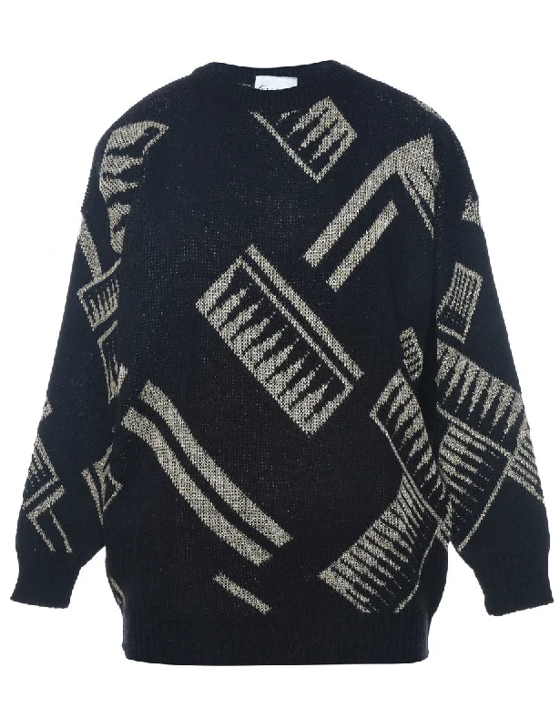 Black & Silver Sparkly Patterned Jumper - M Lace Blend Ribbed Blend Corduroy Blend