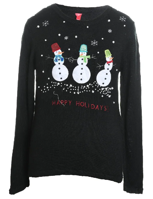 Black Snowman Christmas Jumper - S High Neck Crew Neck V-Neck