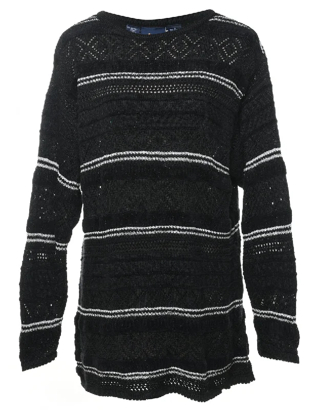 Black Striped Crochet Jumper - S Fleece Sweater Nylon Polyester