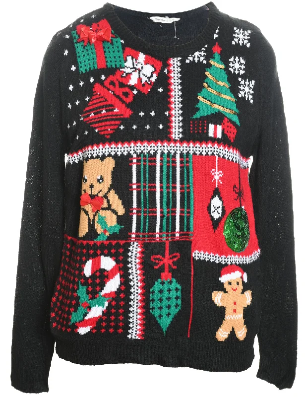 Black Teddy Bear Design Christmas Jumper - L Bright Pastel Dark