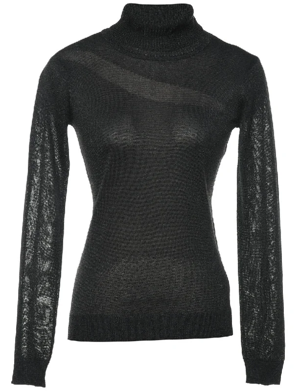 Black Turtleneck Jumper - M Solid Print Embellished