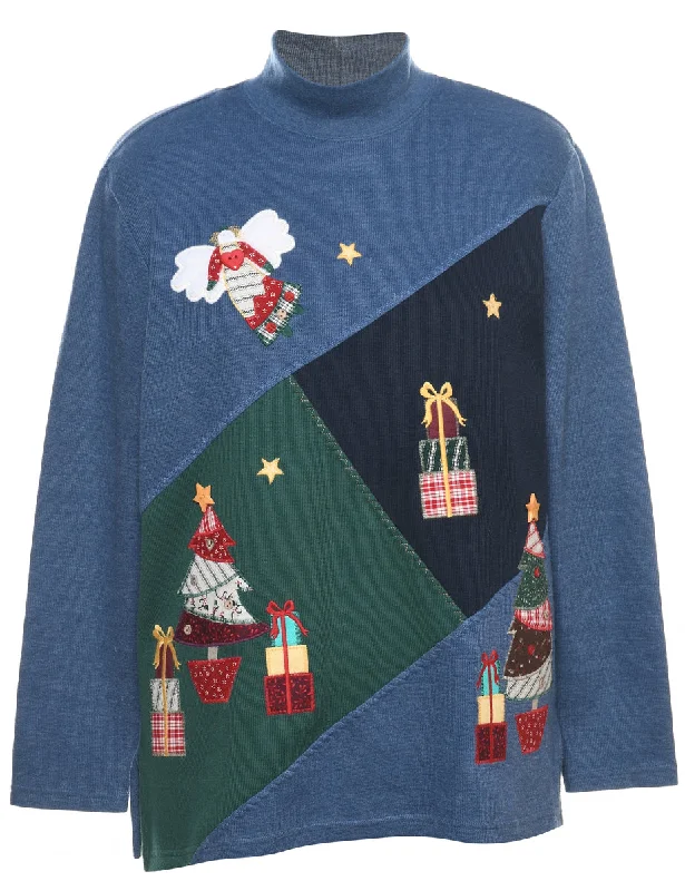 Blue Christmas Jumper - S Real Fur Shearling Chenille