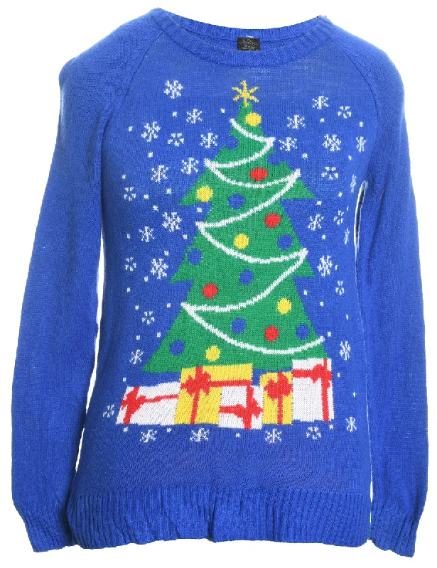 Blue Knit Round-Neck Christmas Jumper - S Welt Pockets Slit Pockets Flap Pockets