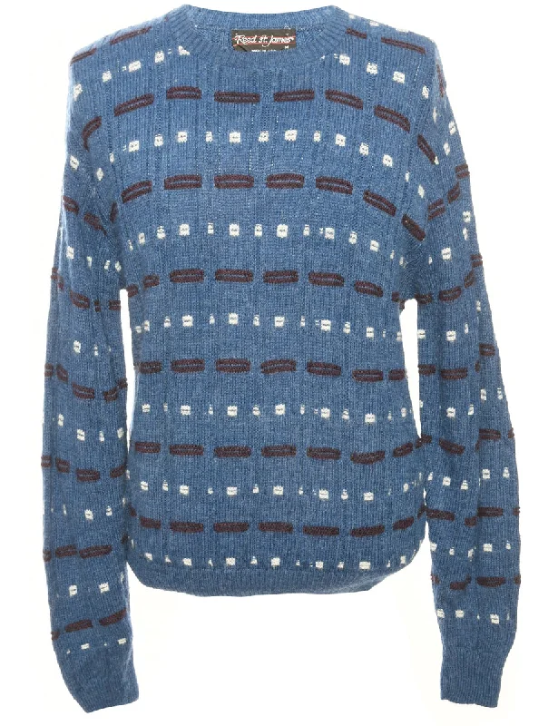 Blue Patterned Jumper - M Cable Knit Ribbed Knit Lace Knit