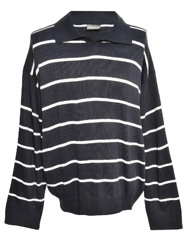 Blue Striped Jumper - M Real Fur Shearling Chenille