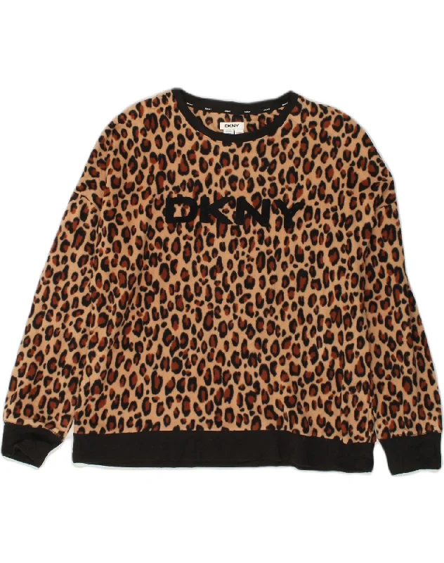 DKNY Womens Graphic Fleece Jumper UK 16 Large Brown Animal Print Polyester Oversized Loose Flowy