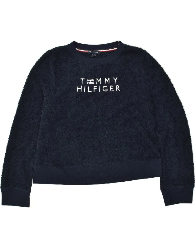 TOMMY HILFIGER Womens Graphic Fleece Jumper UK 18 XL Navy Blue Polyester Cashmere Blend Cotton Blend Poly Blend