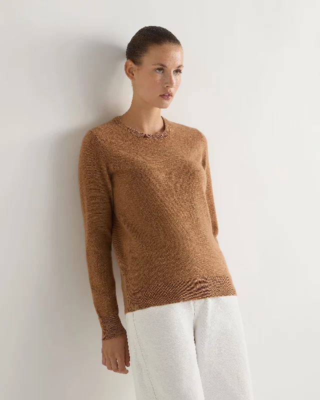 Women's Evie Classic Round Neck Cashmere Jumper Dark Camel Brown Terry Terry Cloth Terry Knit