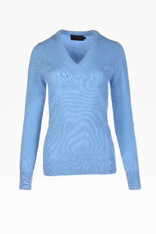 Alice Ladies Cashmere V-Neck Jumper in Dream Blue Plaid Sweater Polka Dot Checkered