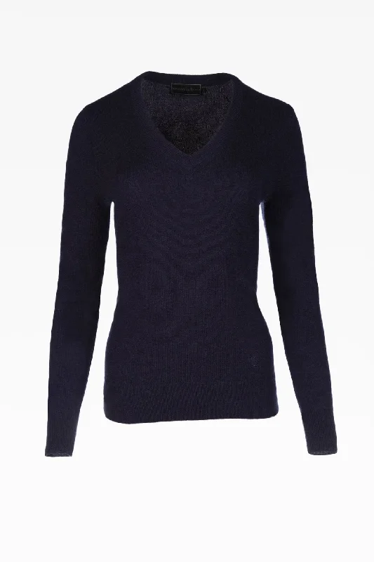 Alice Ladies Cashmere V-Neck Jumper in Navy Blue Notch Collar Peter Pan Collar Cowl Neck