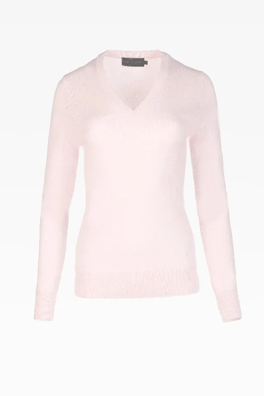 Alice Ladies Cashmere V-Neck Jumper in Nurture Pink: Sizes XS-XL Herringbone Houndstooth Plaid