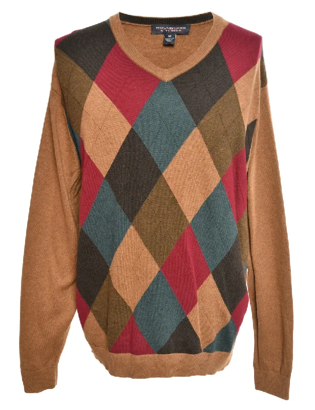 Brown Argyle Jumper - M Stretchy Elastic Breathable