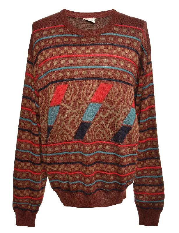 Brown Patterned Jumper - M Solid Print Embellished