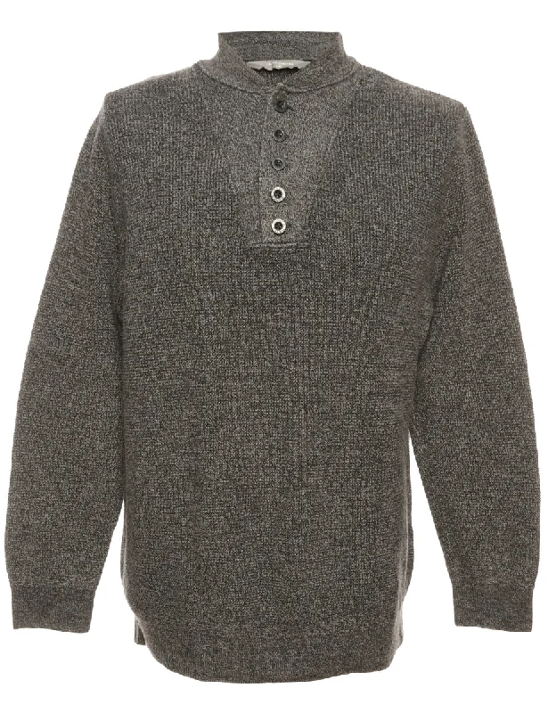 Button Through Dark Grey Jumper - L Mesh Blend Leather Blend Suede Blend