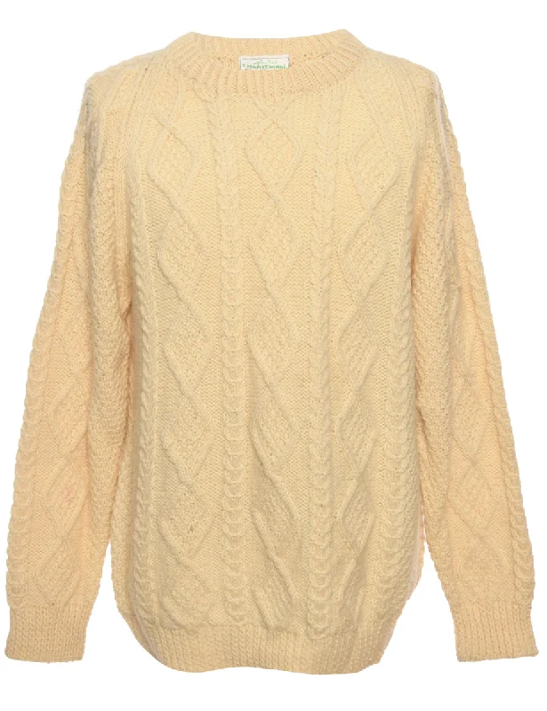 Cable Knit Cream Jumper - S Handmade Hand-knitted Hand-woven