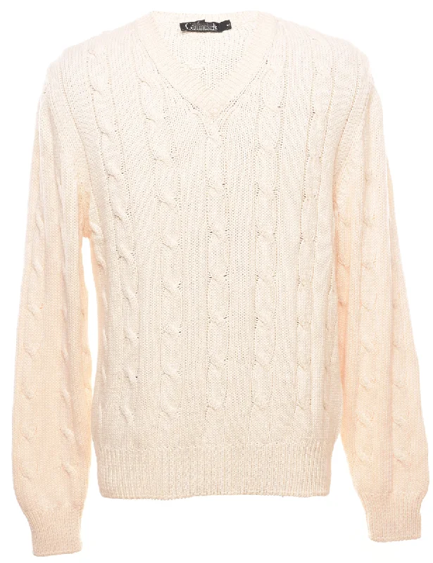 Cable Knit Off White Jumper - L Zippered Front Buttoned Front Snap Front