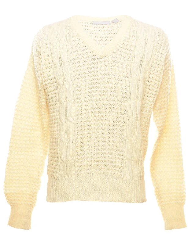 Cable Knit Off White Jumper - M Faux Fur Fabric Real Fur Fabric Shearling Fabric