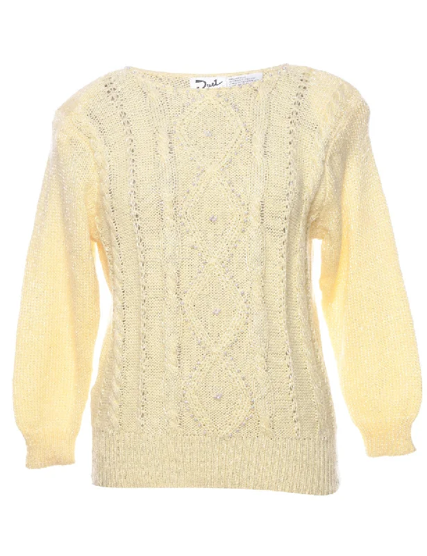 Cable Knit Pale Yellow Sparkly Jumper - M Wool Sweater Cotton Sweater Cashmere Sweater