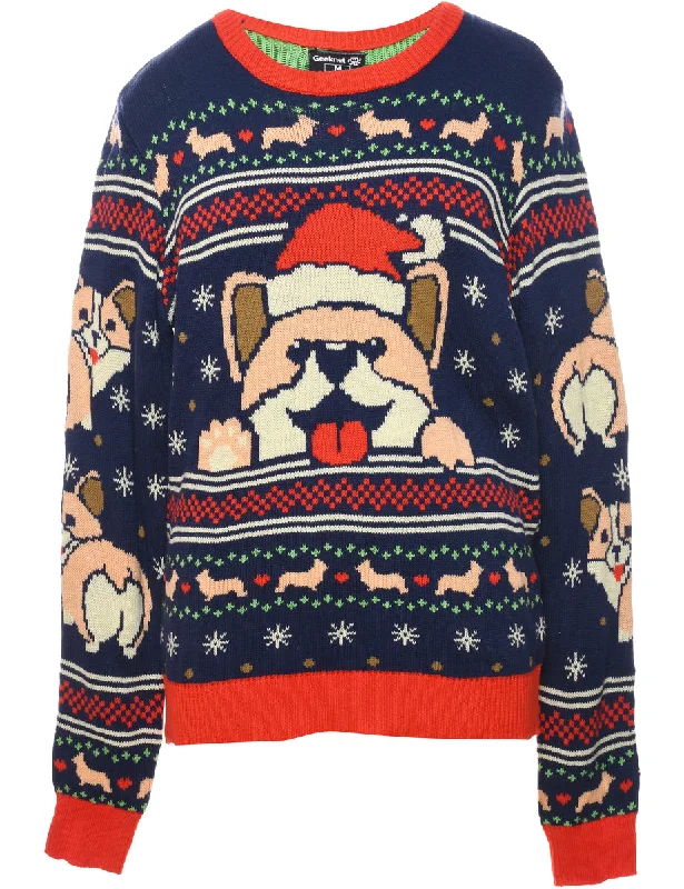 Cartoon Print Christmas Jumper - M Print Jacquard Patchwork