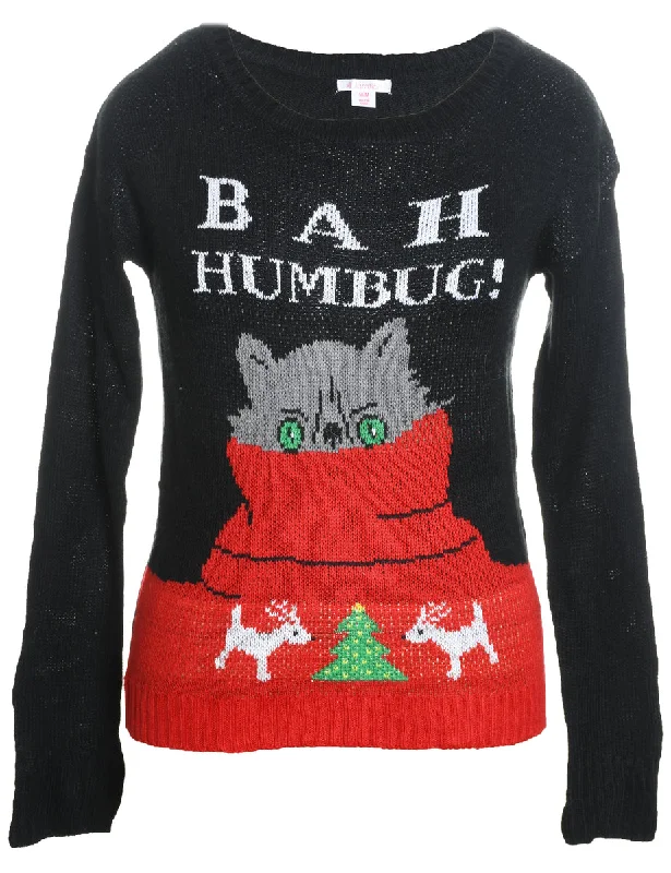 Cat Design Black Knit Christmas Jumper - M Fitted Loose Oversized