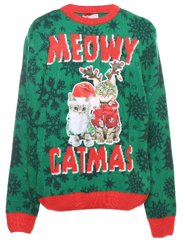 Cat Printed Christmas Jumper - L Welt Pockets Slit Pockets Flap Pockets