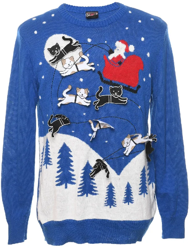 Cat Printed Christmas Jumper - L Denim Fabric Leather Fabric Suede Fabric