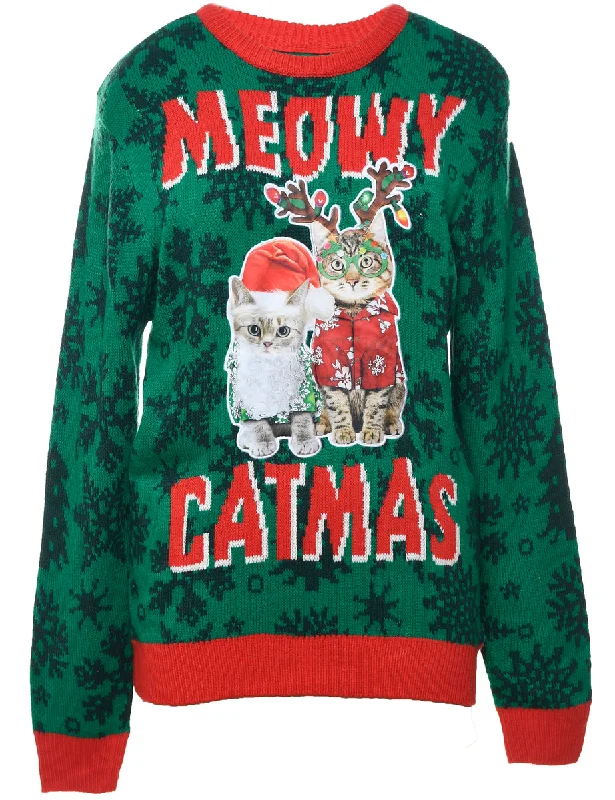 Cat Printed Christmas Jumper - M Rayon Fabric Velvet Fabric Corduroy Fabric