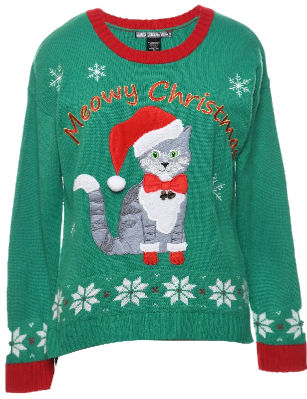 Cat Printed Christmas Jumper - M Ribbed Striped Patterned