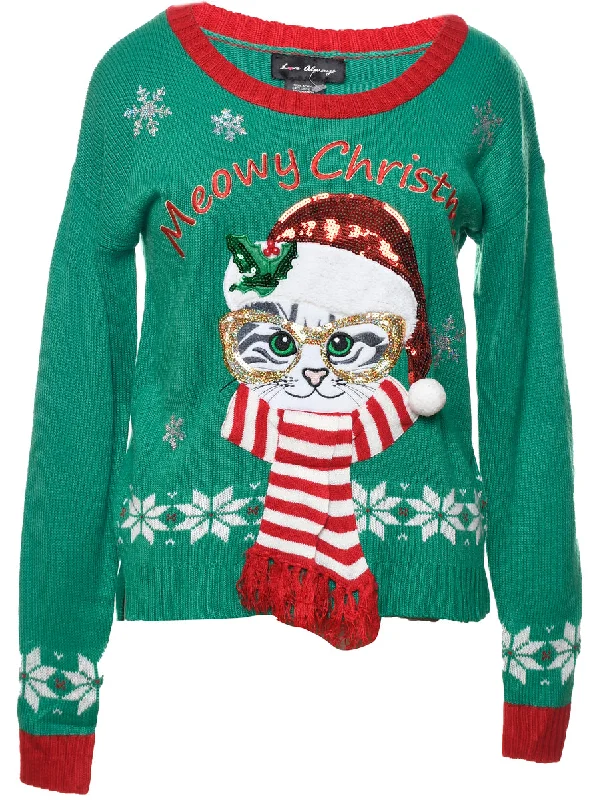 Cat Printed Christmas Jumper - M Long Sweater Short Sweater Cropped Sweater