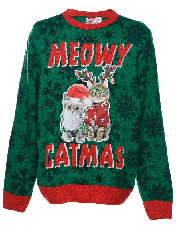 Cat Printed Christmas Jumper - XL Turtle Neck Boat Neck Asymmetrical Neck