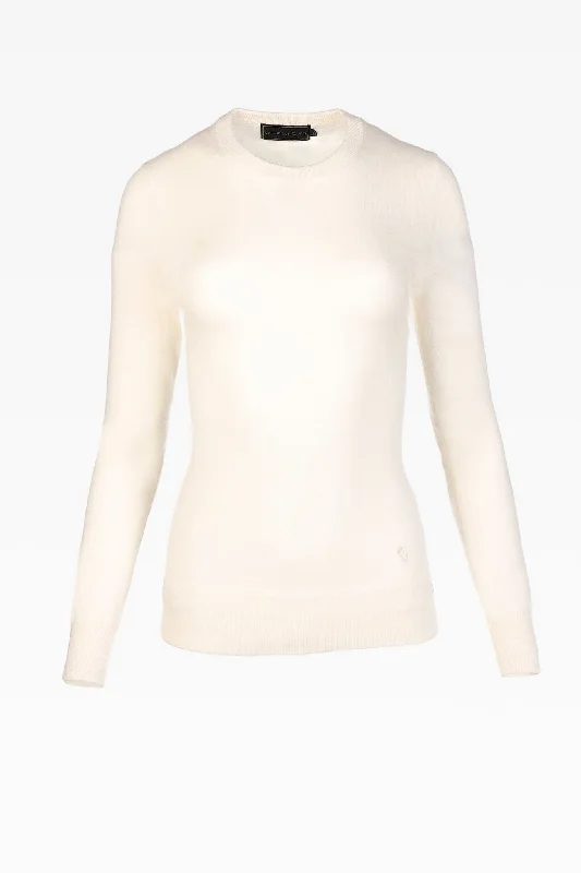 Millie Ladies Cashmere Crew Neck Jumper in Cloud White Front Pockets Side Pockets Patch Pockets