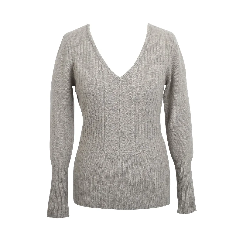 Women's Cashmere Cable Jumper Silver Grey Tailored Straight A-Line