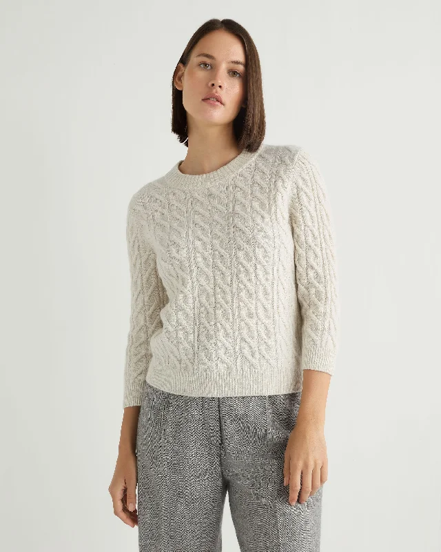 Women's Emilia Cable Round Neck Cashmere Jumper With Lurex Snow Grey Sparkle Chenille Blend Fleece Blend Nylon Blend