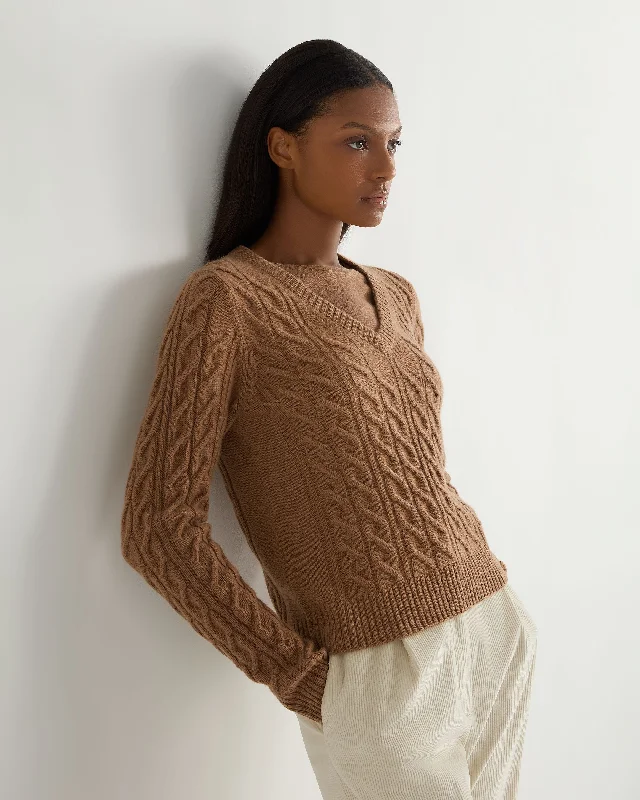 Women's Frankie Cable V Neck Cashmere Jumper Dark Camel Brown Open Front Closed Front Wrap Front