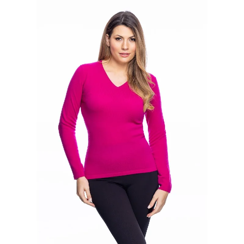 Women's Cashmere V-Neck Jumper Fuchsia Ribbed Striped Patterned