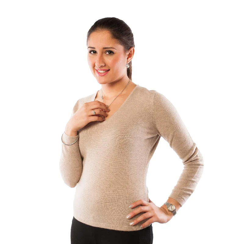 Women's 100% Cashmere V-Neck Jumper Dunedin Cashmere Sand Beige Polka Dot Checkered Tartan