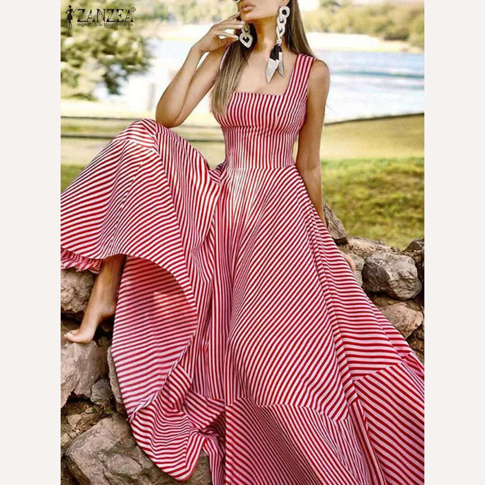 2023 Bohemian Holiday Sundress ZANZEA Summer Elegant Maxi Dress Women Chic Striped Robe Longue Beach Party Sleeveless Dress Elegant Maxi Dress with Ruffles