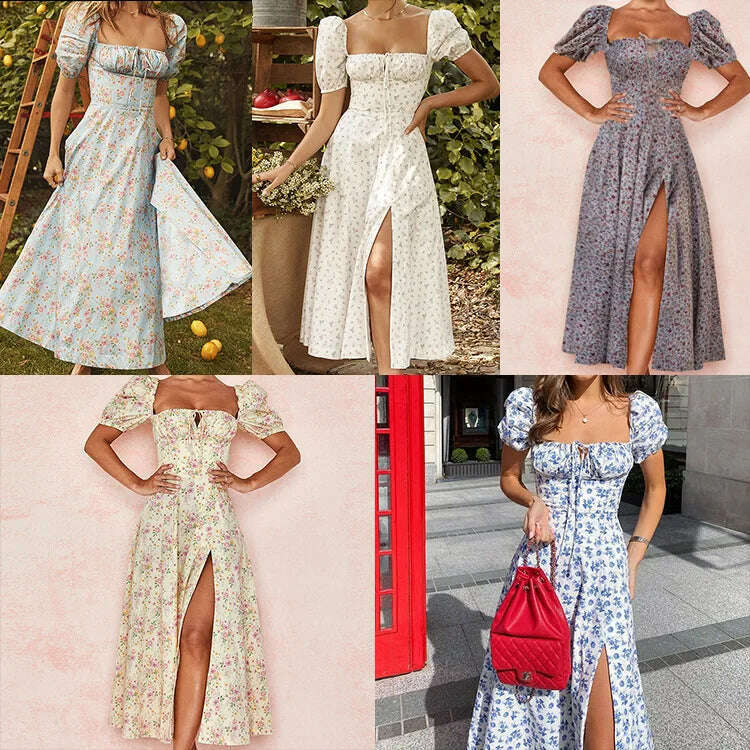 2023 Elegant French Floral Printed Half-Sleeve Maxi Dress Women's Sexy Backless Slim Halter Split Dresses A-Line Robe Vestidos Comfortable Ruffle Hem Maxi Dress