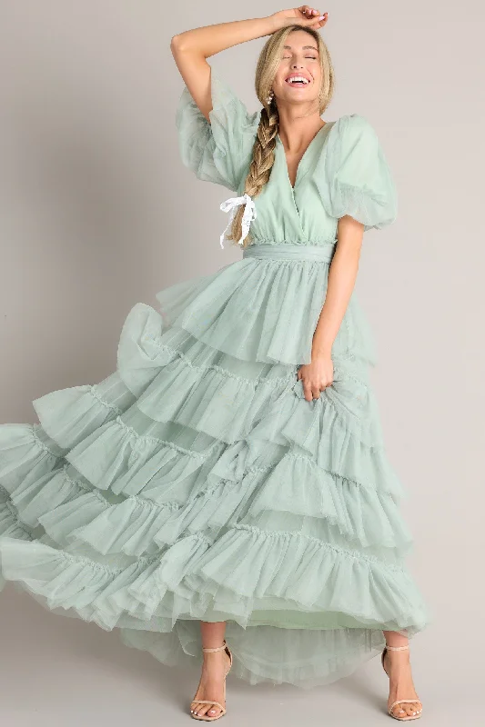 A Beautiful Feeling Seafoam Tiered Tulle Maxi Dress Stylish Boho Maxi Dress