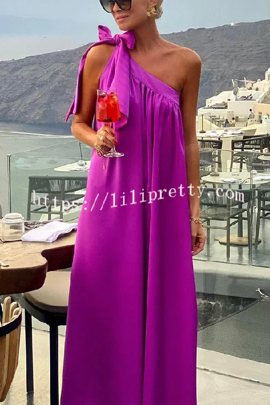 Lilipretty® Beach Party Satin One Shoulder Bow Detail Loose Maxi Dress Trendy Ruffled Maxi Dress