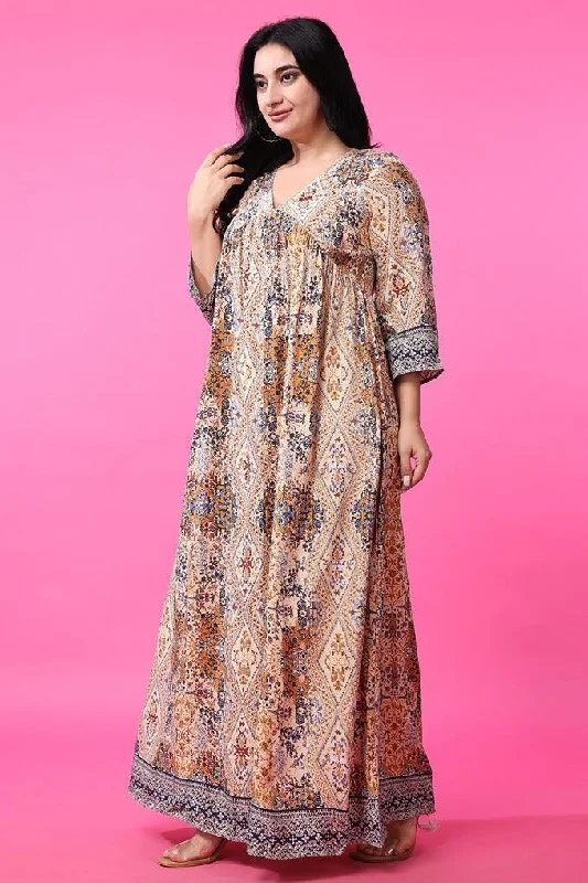 Beige Abstract Printed Maxi Dress Comfortable T-Shirt Maxi Dress